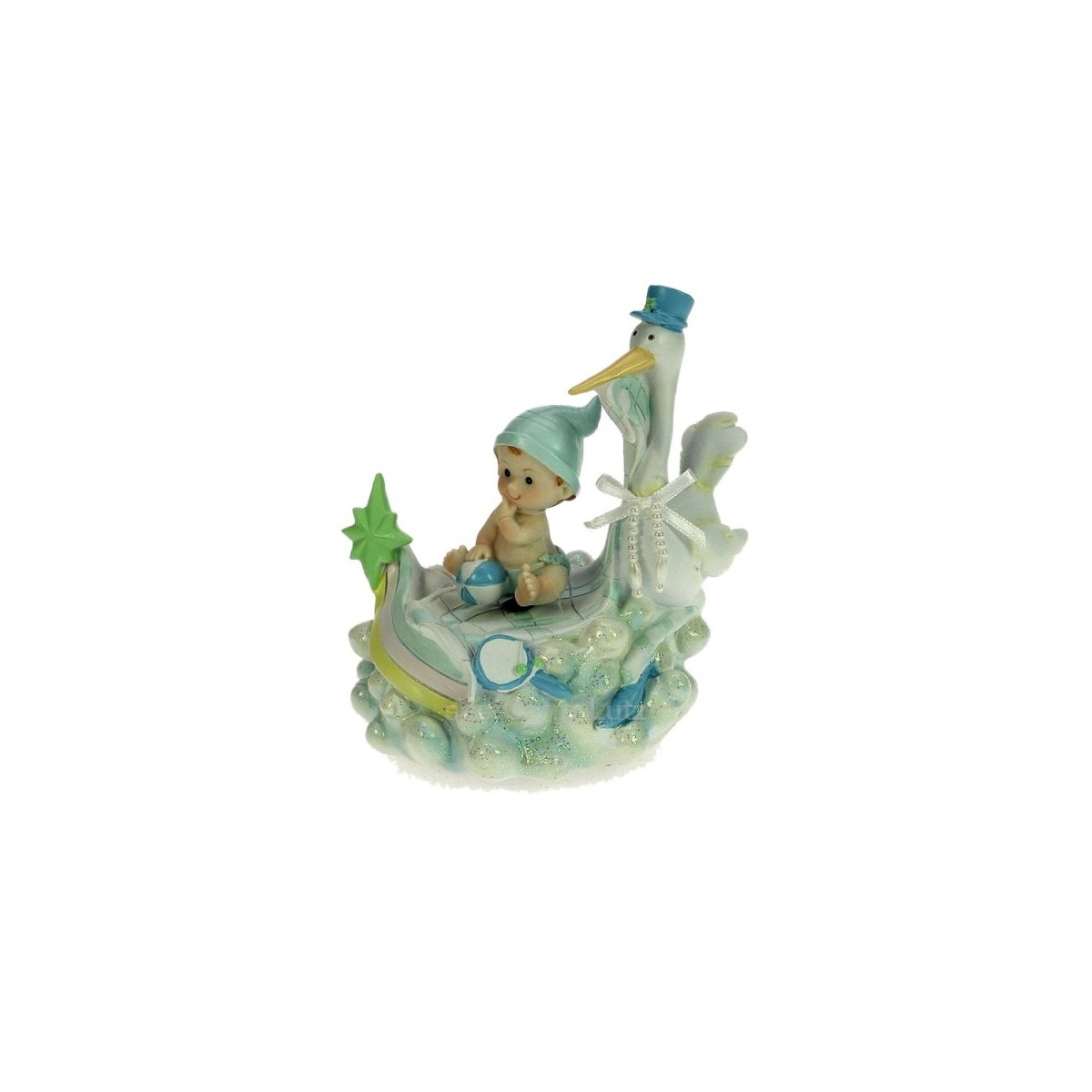 CL50231111  Boite à musique cigogne avec bébé garçon en résine 22,00 €