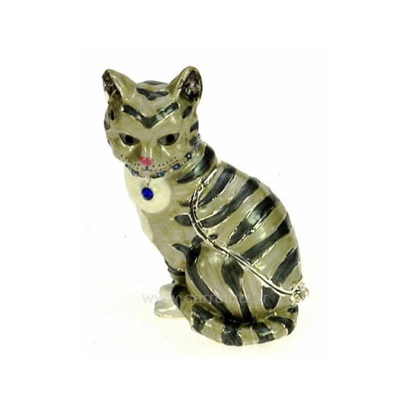 Boite à bijoux émaillée plaqué argent avec cristaux australien chat tigré avec bijoux