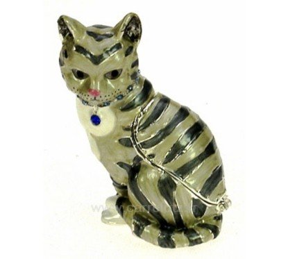 Boite à bijoux émaillée plaqué argent avec cristaux australien chat tigré avec bijoux