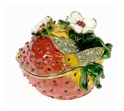 Boite métal émaillé avec cristaux ﻿décor fraise﻿