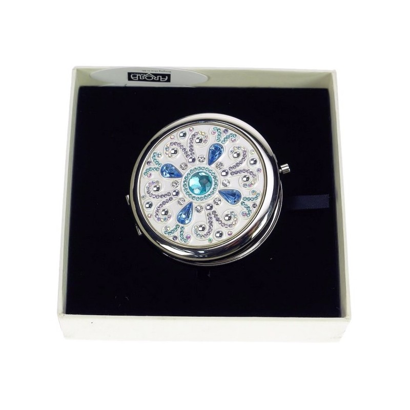 Miroir de sac Azure argenté en métal argent et cristaux turquoise
