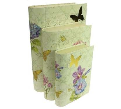 Ensemble de 3 boites forme livre décor fleur papillon
