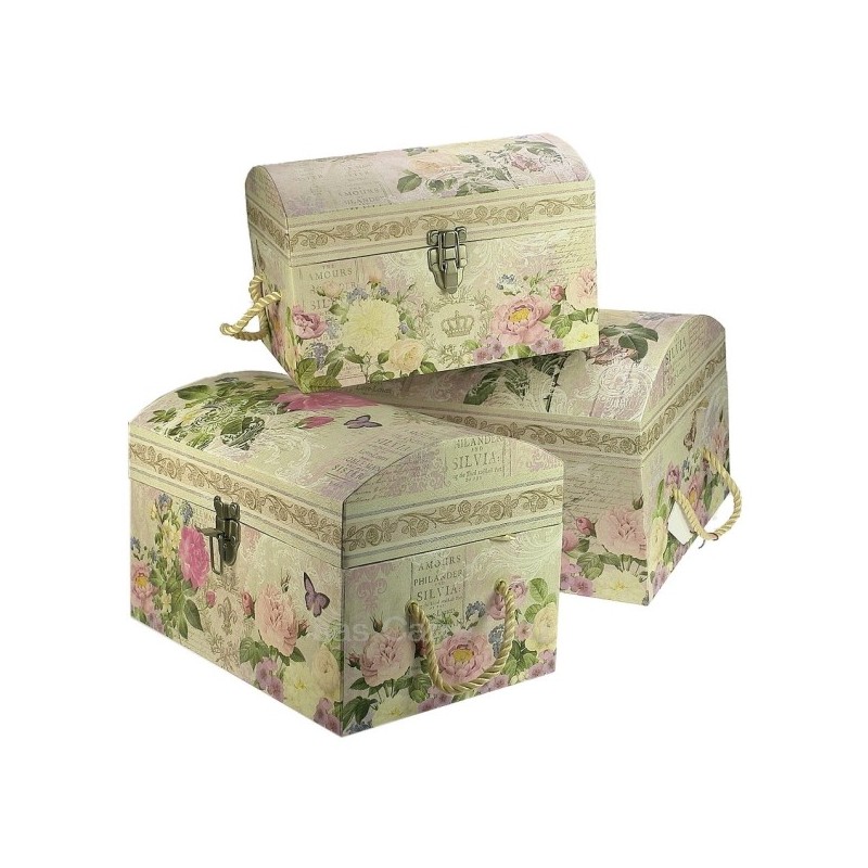 Ensemble de 3 coffres gigogne en carton fort décor papier glacé fleurs et papillons