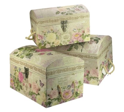 Ensemble de 3 coffres gigogne en carton fort décor papier glacé fleurs et papillons