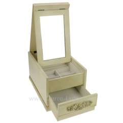 Coffret bijoux mistral en bois cérusé beige couvercle avec miroir escamotable intérieur suédine ivoire