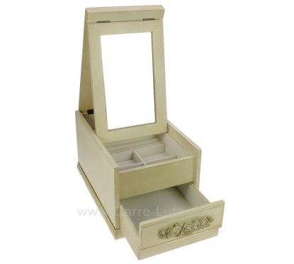 Coffret bijoux mistral en bois cérusé beige couvercle avec miroir escamotable intérieur suédine ivoire