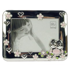 CL84000196  Cadre photo hibou rose en métal argenté décoré en relief émaille blanc rose et vert 27,40 €