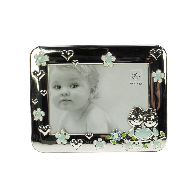 CL84000197  Cadre photo hibou bleu en métal argenté décoré en relief émaille blanc bleu et vert 27,40 €