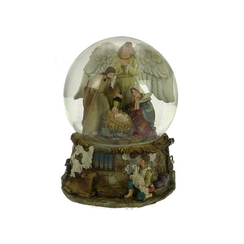 Boule à neige crèche et ange avec socle en résine décorée étable