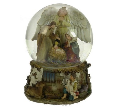 Boule à neige crèche et ange avec socle en résine décorée étable