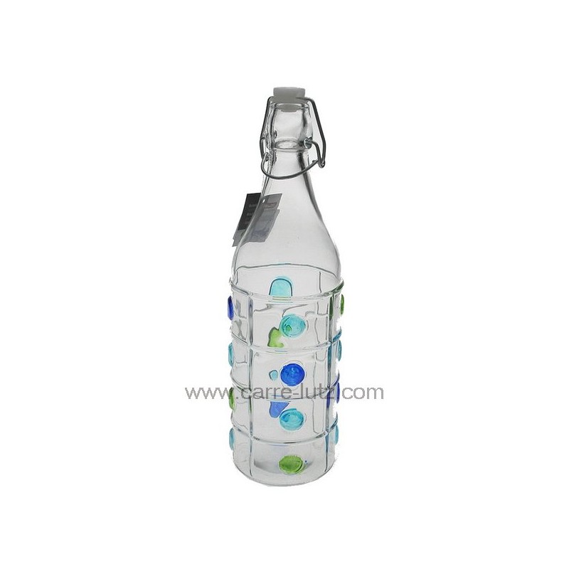 CL50152126  Bouteille en verre 1 litre fome ronde avec point en relief bleu et vert 4,40 €