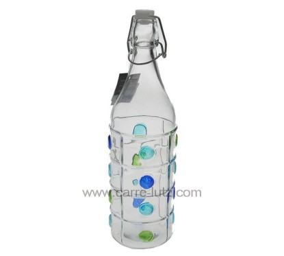 CL50152126  Bouteille en verre 1 litre fome ronde avec point en relief bleu et vert 4,40 €