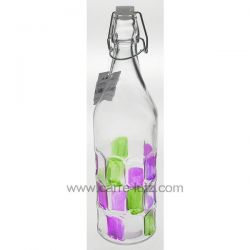 Bouteille en verre 1 litre fome ronde avec rectangle en relief rose et vert , reference CL50152127