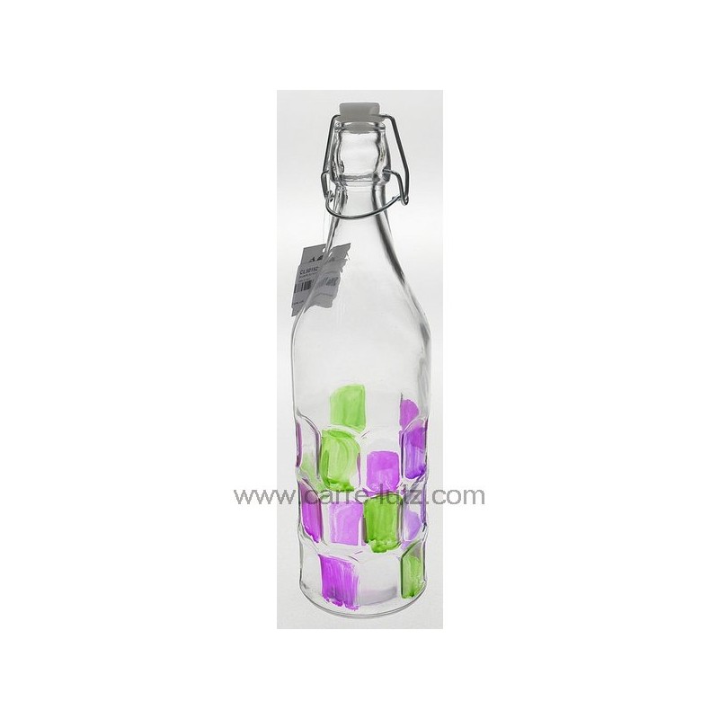 Bouteille en verre 1 litre fome ronde avec rectangle en relief rose et vert