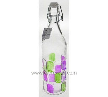 CL50152127  Bouteille en verre 1 litre fome ronde avec rectangle en relief rose et vert 4,40 €