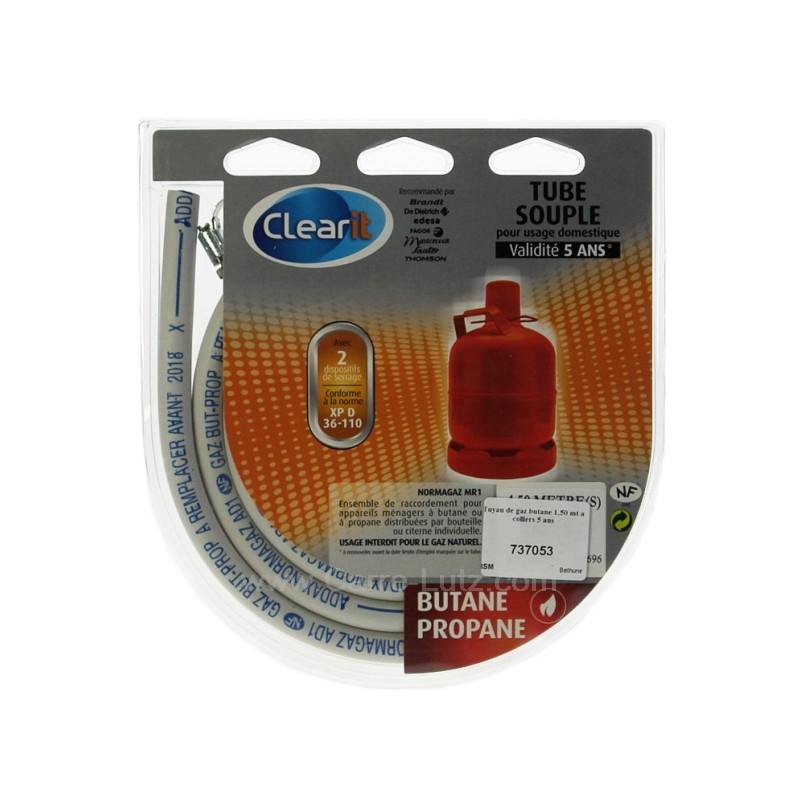 737053  Tuyau de gaz butane 1,50 mt a colliers durée de vie 5 ans 8,00 €