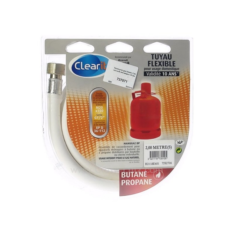 737071  Tuyau pour gaz butane 2 mt raccords mécaniques durée de vie 10 ans 21,90 €