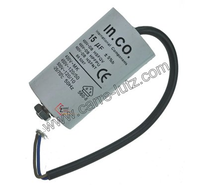 230043  Condensateur permanent à fils 15 MF 450V 6,30 €